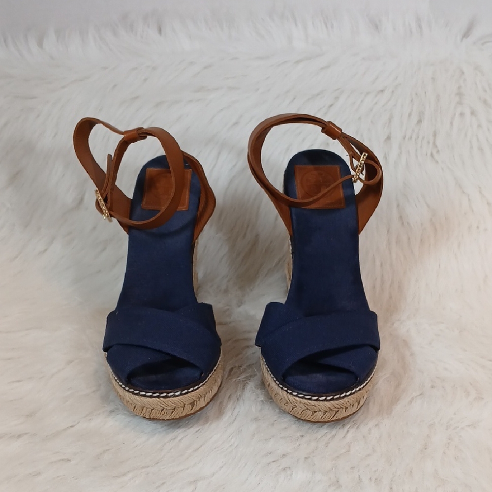 Tory Burch Cloth Criss Cross Blue Wedge Espadrilles Womn's Sz 8B